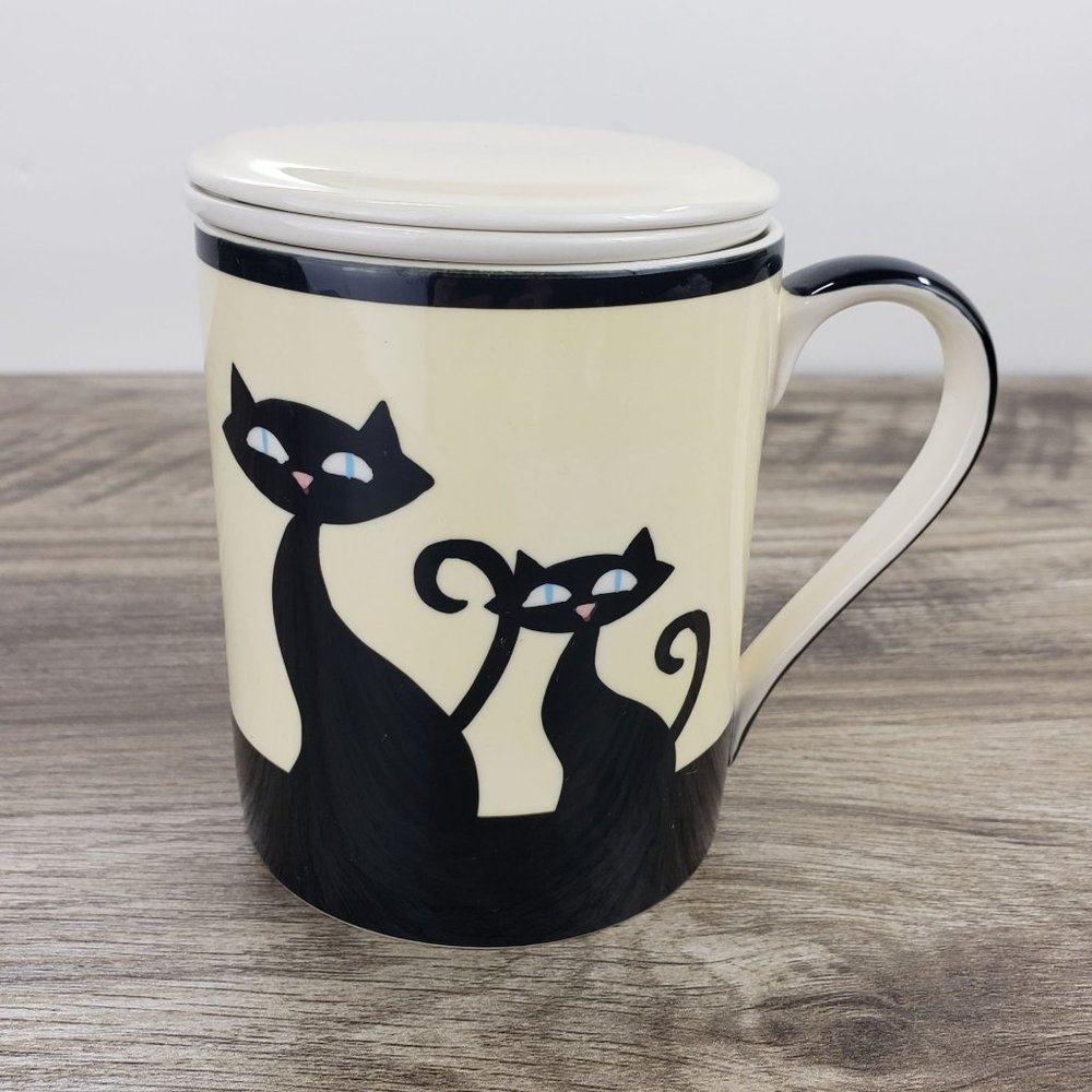HUES N BREWS Black Siamese Cat Cattitude Tea Cup Infuser Set in Beige & Black